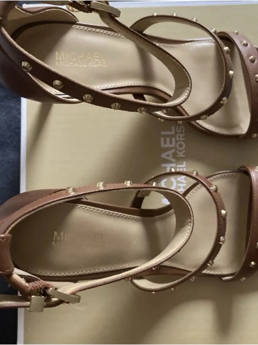 Michael Kors Brown Studded Leather Ankle-Strap Heels